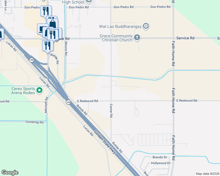 map of restaurants, bars, coffee shops, grocery stores, and more near 4401 Esmar Road in Ceres