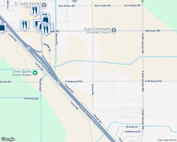 map of restaurants, bars, coffee shops, grocery stores, and more near 4401 Esmar Road in Ceres