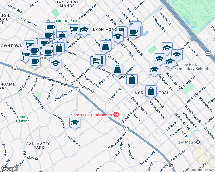 map of restaurants, bars, coffee shops, grocery stores, and more near 710 Highland Avenue in San Mateo