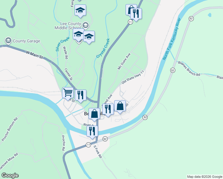 map of restaurants, bars, coffee shops, grocery stores, and more near 495 Mc Guire Avenue in Beattyville