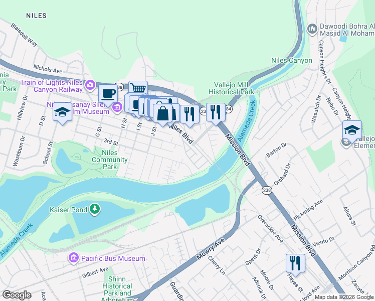 map of restaurants, bars, coffee shops, grocery stores, and more near 191 Sierra Terrace in Fremont