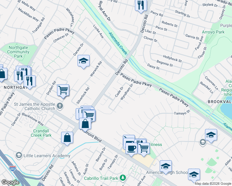 map of restaurants, bars, coffee shops, grocery stores, and more near 35097 Sellers Court in Fremont