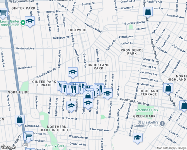 map of restaurants, bars, coffee shops, grocery stores, and more near 3202 North Avenue in Richmond