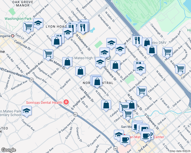 map of restaurants, bars, coffee shops, grocery stores, and more near 401 East Poplar Avenue in San Mateo