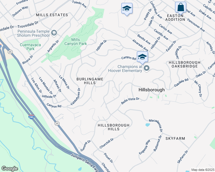map of restaurants, bars, coffee shops, grocery stores, and more near 2709 El Prado Road in Burlingame