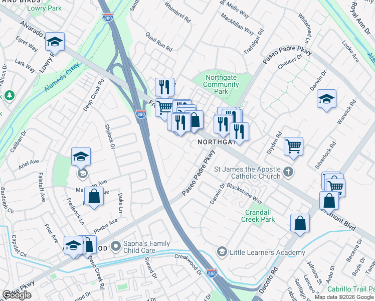 map of restaurants, bars, coffee shops, grocery stores, and more near 34376 Gadwall Common in Fremont