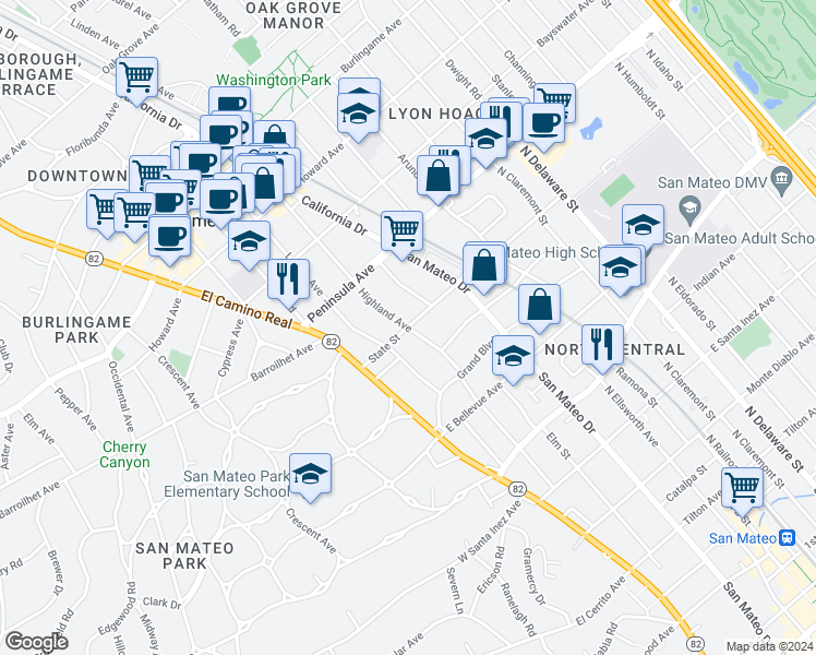 map of restaurants, bars, coffee shops, grocery stores, and more near Highland Ave & State St in San Mateo