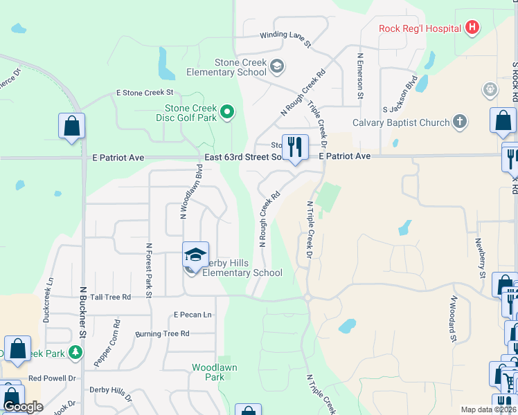 map of restaurants, bars, coffee shops, grocery stores, and more near 2601 North Rough Creek Road in Derby