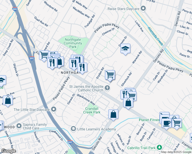 map of restaurants, bars, coffee shops, grocery stores, and more near 3871 Dryden Road in Fremont