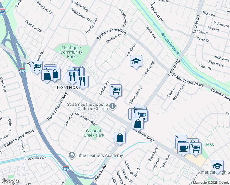 map of restaurants, bars, coffee shops, grocery stores, and more near 34656 Calcutta Drive in Fremont