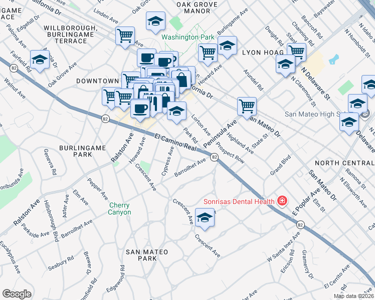 map of restaurants, bars, coffee shops, grocery stores, and more near 80 California 82 in Burlingame