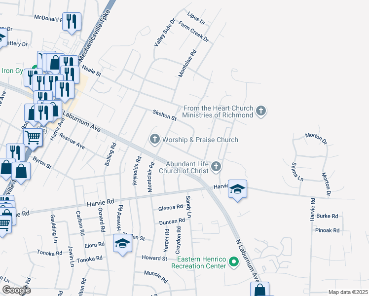 map of restaurants, bars, coffee shops, grocery stores, and more near 3106 Aldersgate Drive in Richmond