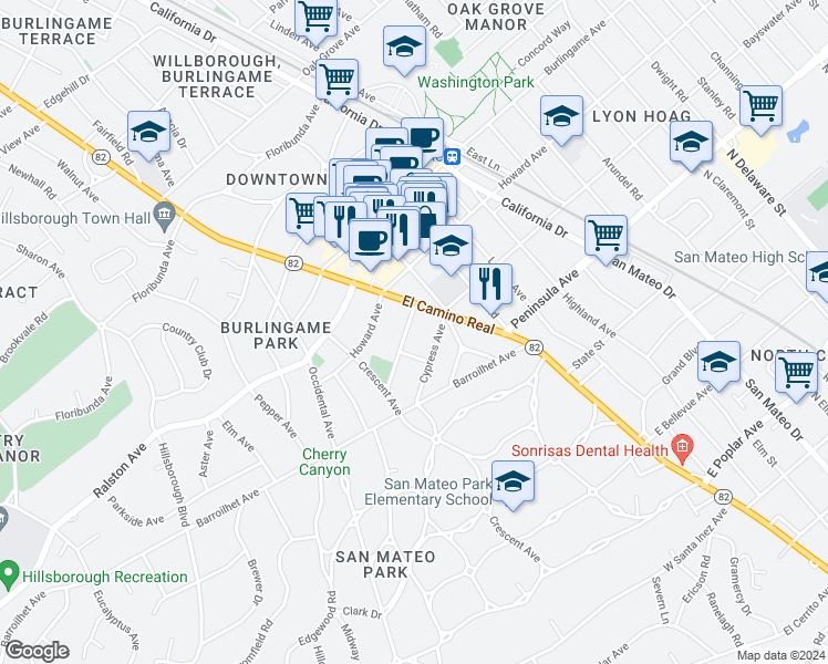 map of restaurants, bars, coffee shops, grocery stores, and more near 1521 Newlands Avenue in Burlingame