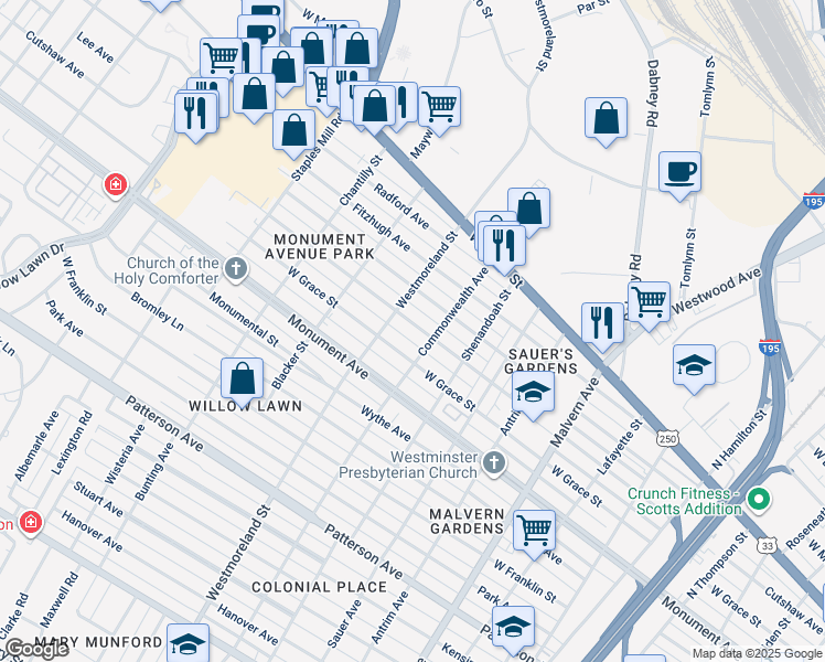 map of restaurants, bars, coffee shops, grocery stores, and more near 4509 Cutshaw Avenue in Richmond