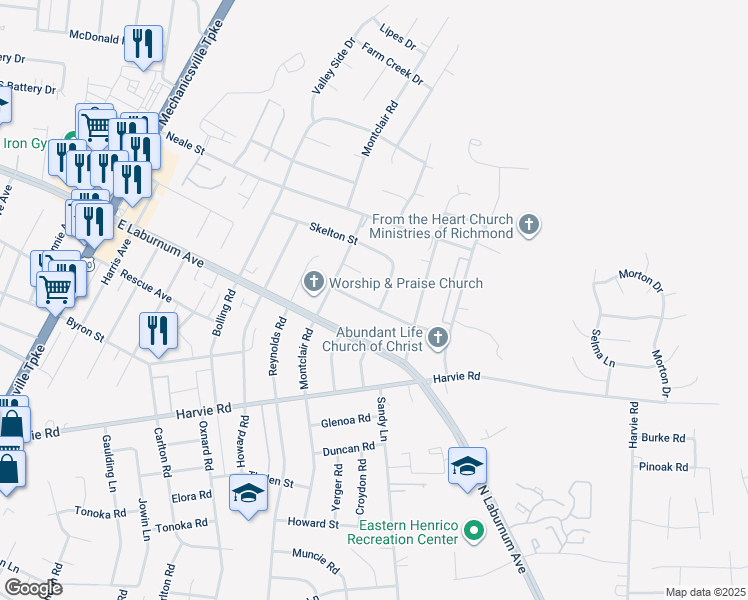 map of restaurants, bars, coffee shops, grocery stores, and more near 3106 Aldersgate Drive in Richmond
