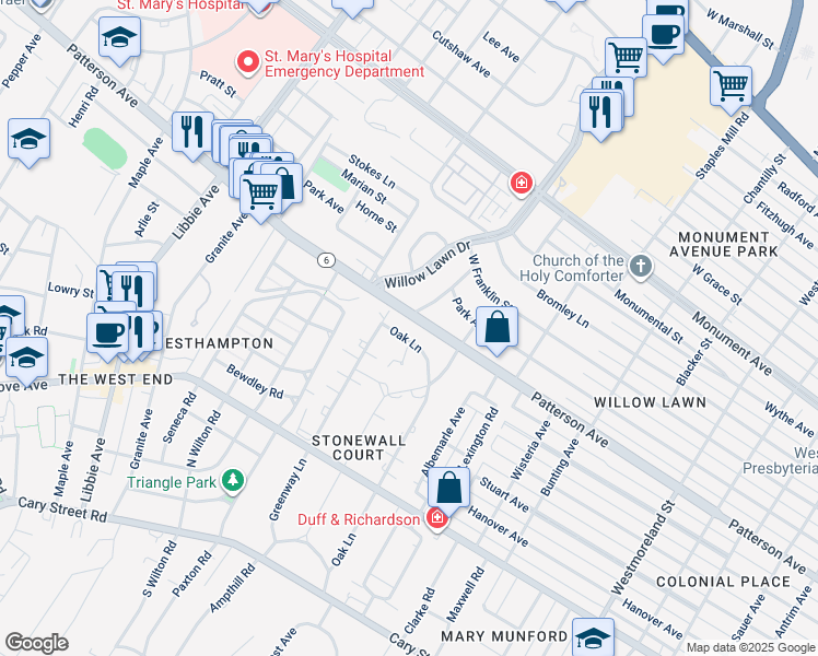 map of restaurants, bars, coffee shops, grocery stores, and more near 333 Oak Lane in Richmond