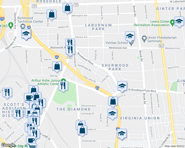 map of restaurants, bars, coffee shops, grocery stores, and more near 1503 Wentbridge Road in Richmond