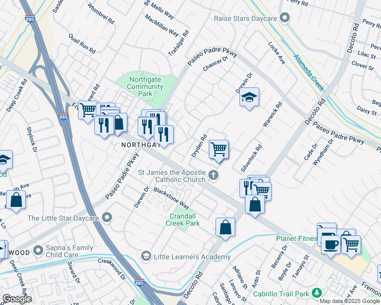 map of restaurants, bars, coffee shops, grocery stores, and more near 3871 Dryden Road in Fremont