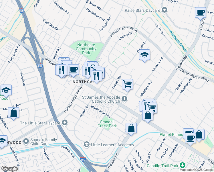 map of restaurants, bars, coffee shops, grocery stores, and more near 3871 Dryden Road in Fremont