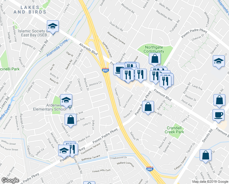 map of restaurants, bars, coffee shops, grocery stores, and more near 4180 Tanager Common in Fremont