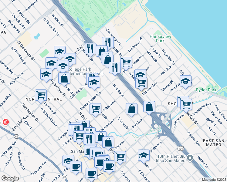 map of restaurants, bars, coffee shops, grocery stores, and more near 135 North Idaho Street in San Mateo
