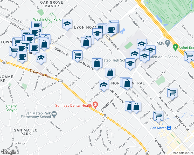 map of restaurants, bars, coffee shops, grocery stores, and more near in San Mateo