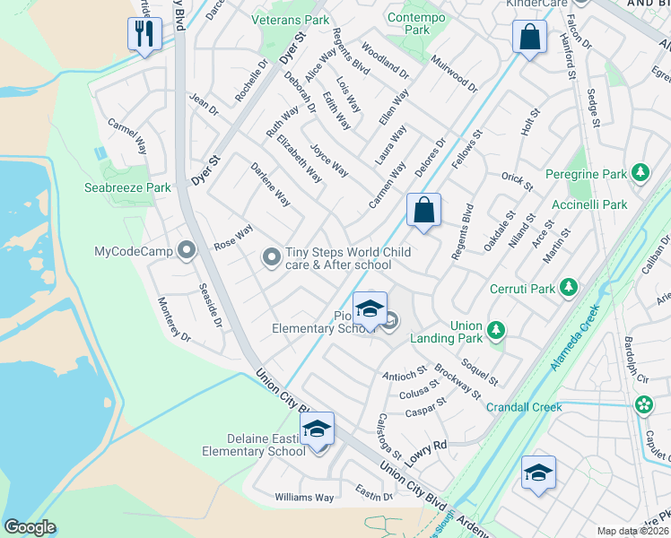 map of restaurants, bars, coffee shops, grocery stores, and more near 32533 Sheila Way in Union City