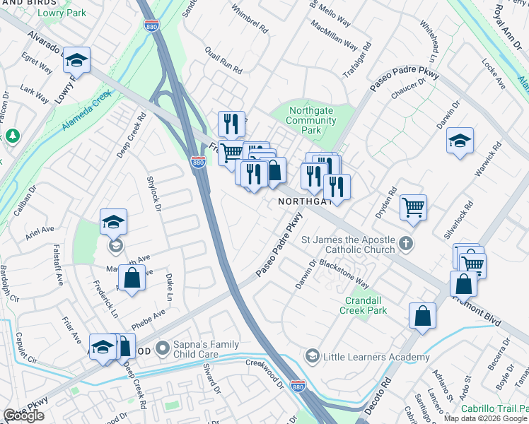 map of restaurants, bars, coffee shops, grocery stores, and more near 34376 Gadwall Common in Fremont