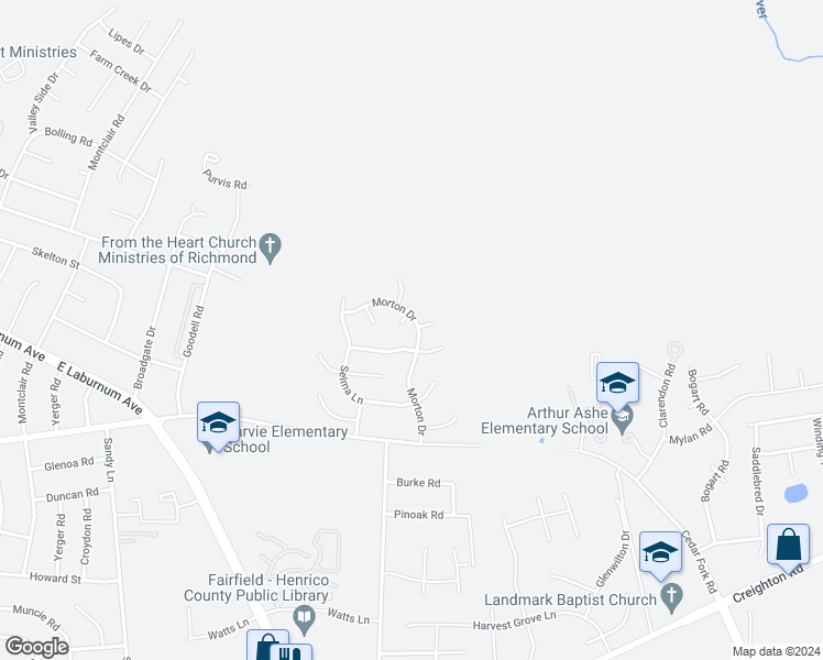 map of restaurants, bars, coffee shops, grocery stores, and more near 3908 Morton Drive in Richmond