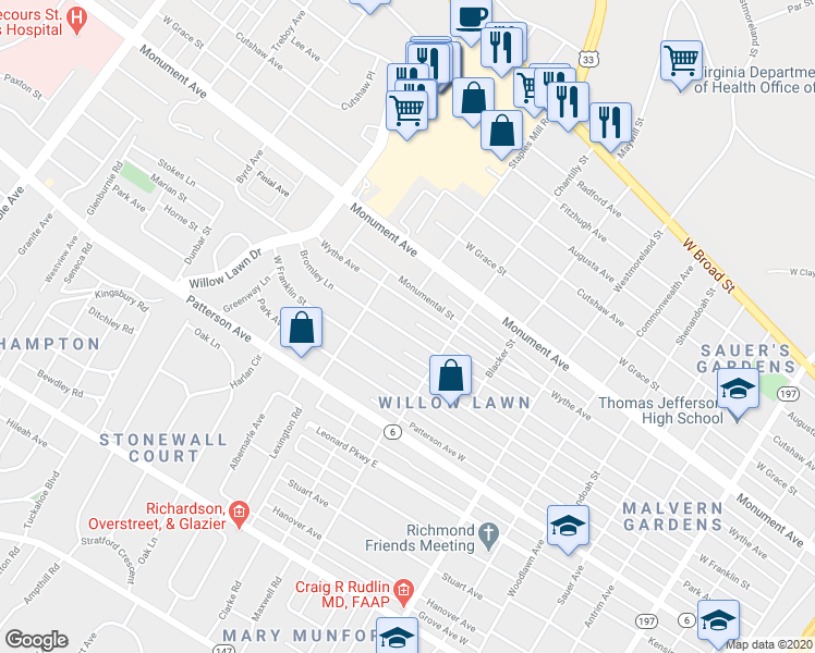 map of restaurants, bars, coffee shops, grocery stores, and more near 4900 Bromley Lane in Richmond