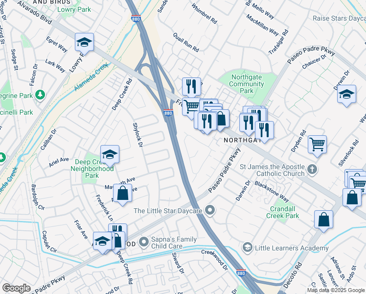 map of restaurants, bars, coffee shops, grocery stores, and more near 4211 Tanager Common in Fremont