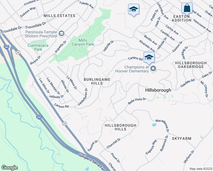 map of restaurants, bars, coffee shops, grocery stores, and more near 2727 El Prado Road in Burlingame