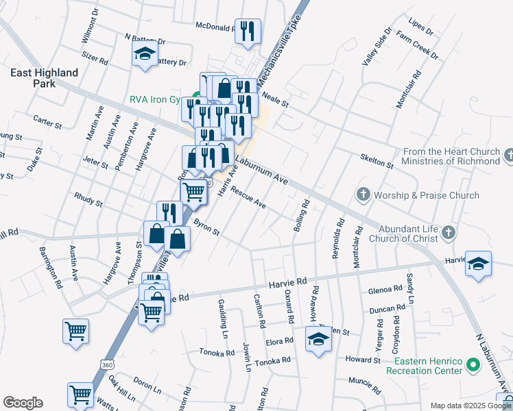 map of restaurants, bars, coffee shops, grocery stores, and more near 3620 Ammons Avenue in Richmond