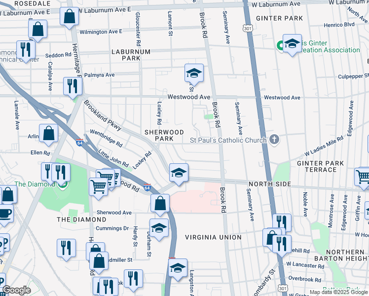 map of restaurants, bars, coffee shops, grocery stores, and more near 1227 Rennie Avenue in Richmond