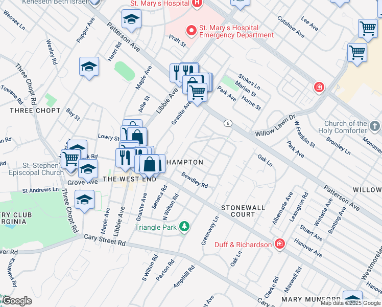map of restaurants, bars, coffee shops, grocery stores, and more near 5509 Queensbury Road in Richmond