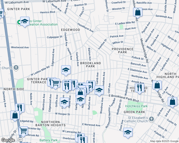map of restaurants, bars, coffee shops, grocery stores, and more near 3200 Barton Avenue in Richmond