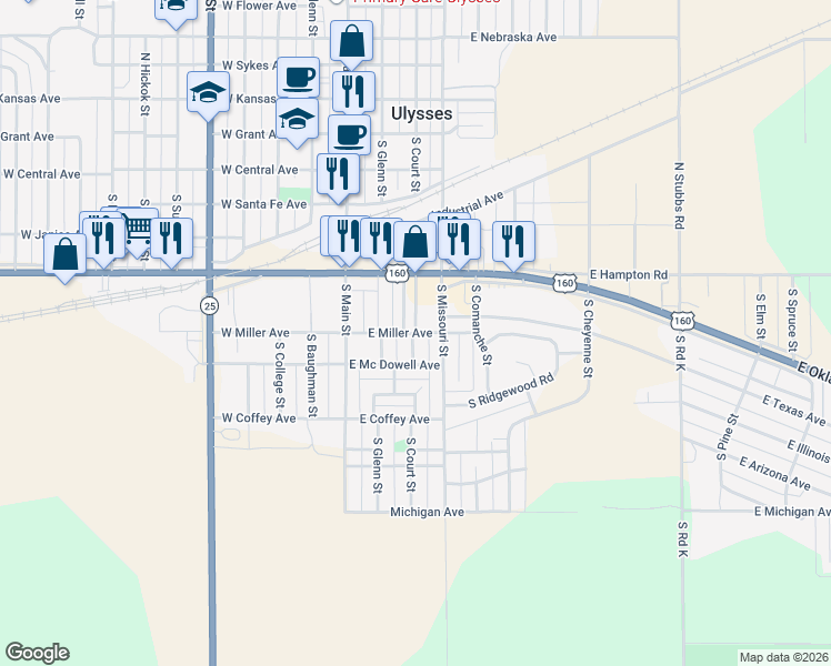 map of restaurants, bars, coffee shops, grocery stores, and more near 300 East Miller Avenue in Ulysses