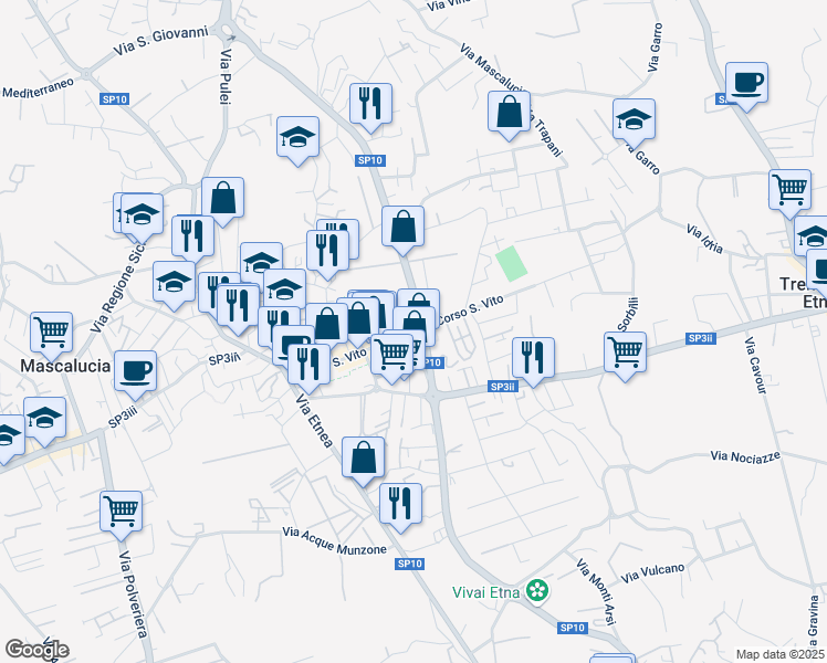 map of restaurants, bars, coffee shops, grocery stores, and more near 115 Corso S. Vito in Mascalucia