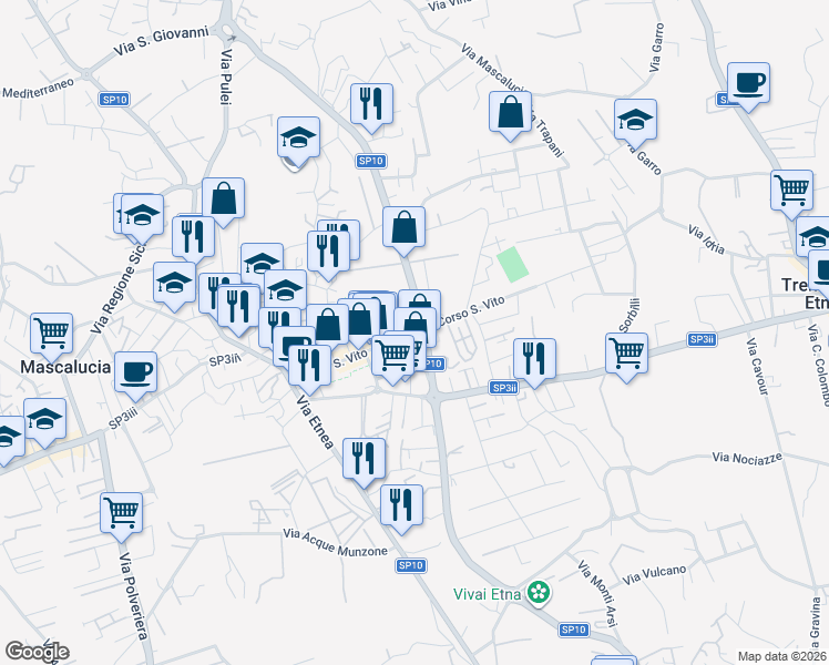 map of restaurants, bars, coffee shops, grocery stores, and more near 115 Corso S. Vito in Mascalucia
