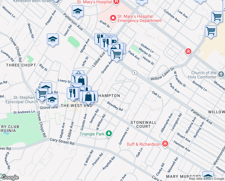 map of restaurants, bars, coffee shops, grocery stores, and more near 5509 Queensbury Road in Richmond