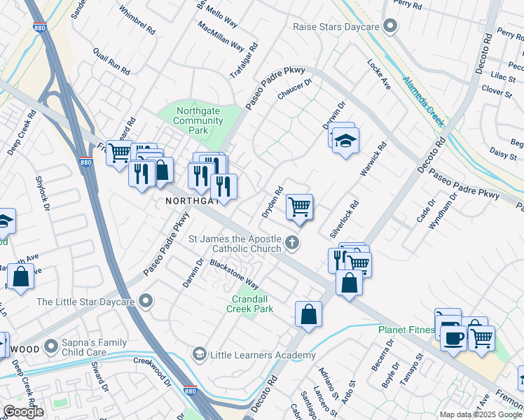 map of restaurants, bars, coffee shops, grocery stores, and more near 3889 Dryden Road in Fremont