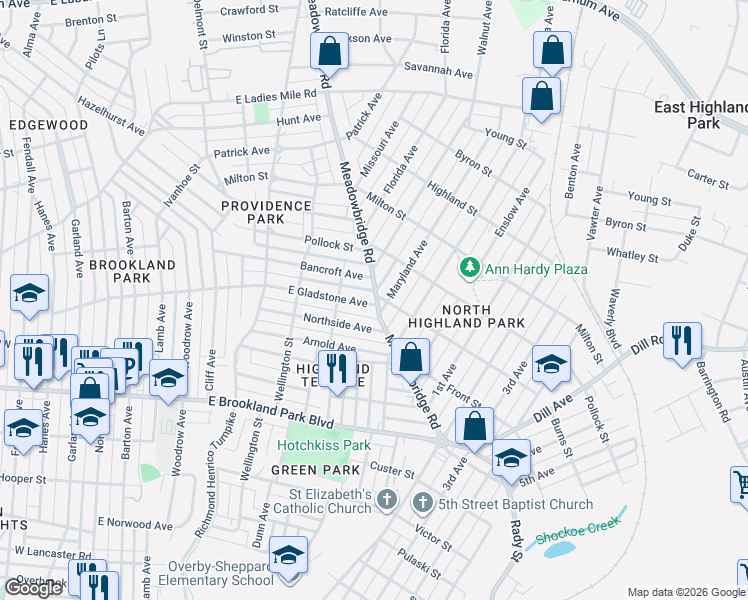 map of restaurants, bars, coffee shops, grocery stores, and more near 732 East Gladstone Avenue in Richmond