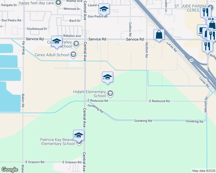map of restaurants, bars, coffee shops, grocery stores, and more near 2351 East Redwood Road in Ceres