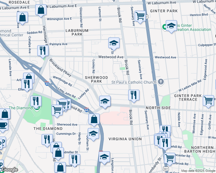 map of restaurants, bars, coffee shops, grocery stores, and more near 1227 Rennie Avenue in Richmond