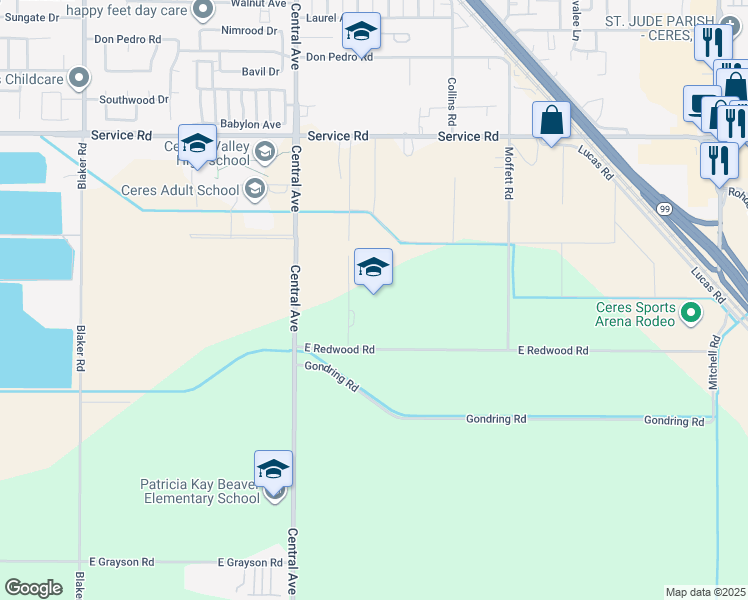 map of restaurants, bars, coffee shops, grocery stores, and more near 2351 East Redwood Road in Ceres