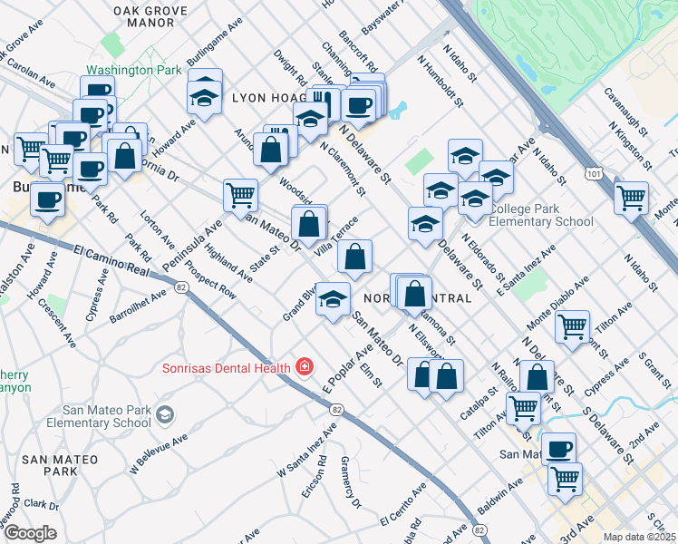 map of restaurants, bars, coffee shops, grocery stores, and more near 329 Grand Boulevard in San Mateo