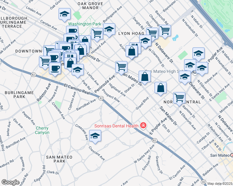 map of restaurants, bars, coffee shops, grocery stores, and more near 833 Highland Avenue in San Mateo