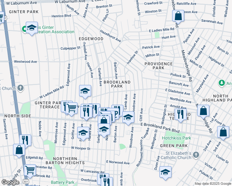 map of restaurants, bars, coffee shops, grocery stores, and more near in Richmond