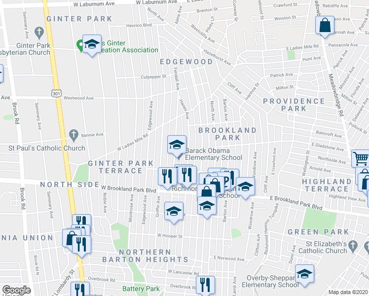 map of restaurants, bars, coffee shops, grocery stores, and more near 3215 Hanes Avenue in Richmond