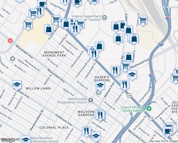 map of restaurants, bars, coffee shops, grocery stores, and more near in 